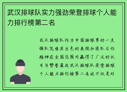 武汉排球队实力强劲荣登排球个人能力排行榜第二名