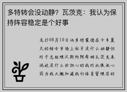 多特转会没动静？瓦茨克：我认为保持阵容稳定是个好事